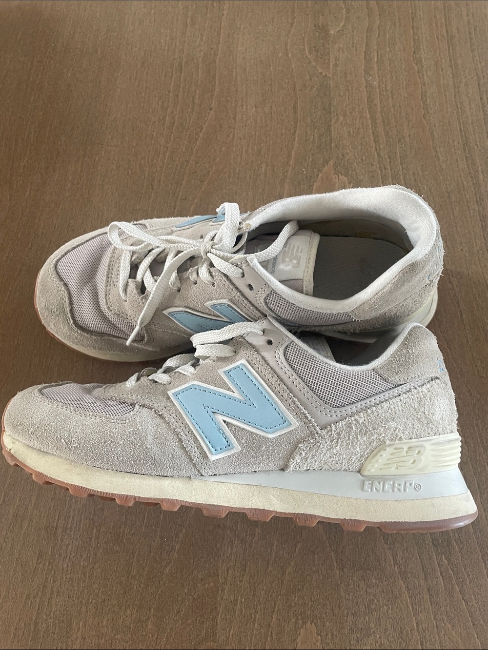 New Balance Kids Beige Suede Sneakers with Light Blue Logo